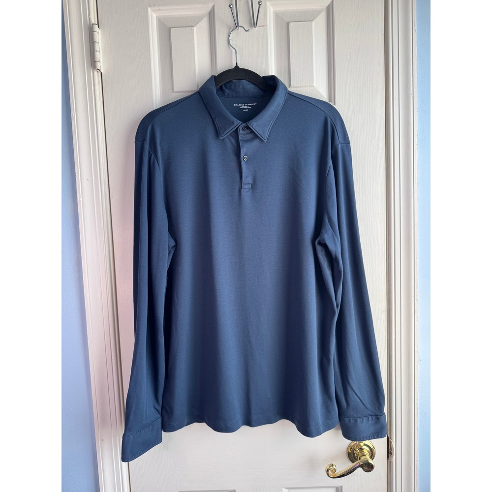 Charles Tyrwhitt Men's Large Blue Long Sl Polo Jersey Knit Business Casual Shirt